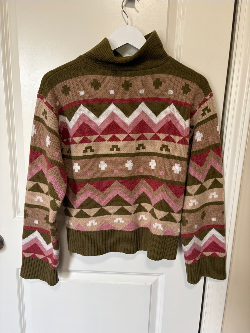 Sezane Olive, Pink & Cream Geometric Shawl-Collar Sweater - Picture 3 of 6